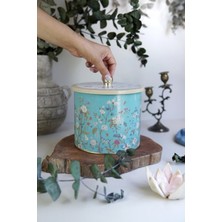 Evle ER146-9F Botanica Blue Desenli Yuvarlak Metal Saklama Kabı 17.5 cm