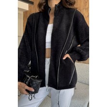 Deri Detaylı Angora Iplik Kadın Triko Ceket P-00017984