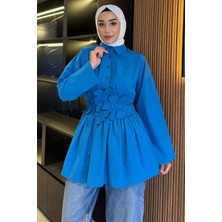 Gömlek Yaka Papatya Aplikeli Bel Lastikli Tesettür Tunik P-00017985