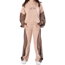 Kız Çocuk Kalp Desenli Şerit Çizgi Detaylı Renk Geçişli Bej Eşofman Takımı