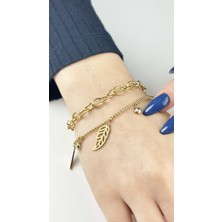 Ne10 Takı Bileklik, Kararmayan Paslanmaz Çelik, Çift Zincir, Yaprak ve İnci Detaylı, Altın Renk, Model133