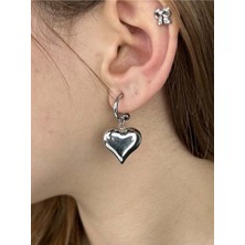 Ne10 Takı Küpe, Kararmayan Paslanmaz Çelik, Kalp Detaylı, Gümüş Renk, Model419