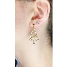 Ne10 Takı Küpe, Kararmayan Paslanmaz Çelik, İnci ve Göz Detaylı, Altın Renk, Model634