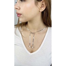 Ne10 Takı Kolye, Kararmayan Paslanmaz Çelik, Kurdela ve İnci Detaylı, Gümüş Renk, Model356