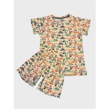 Erkek Çocuk %100 Pamuklu Bej Rengi Safari Desenli Kısa Kollu Şortlu Yazlık Pijama Takımı