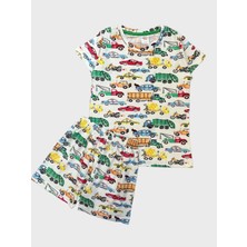 Erkek Çocuk %100 Pamuklu Beyaz Araba Otobüs Desenli Kısa Kollu Şortlu Yazlık Pijama Takımı