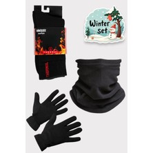 Siyah Termal Kışlık Kaliteli Polar Eldiven Boyunuk Çorap Kar Maskesi Setleri