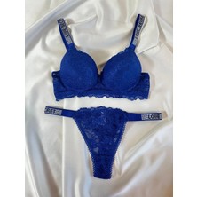 Gold Night Kadın Mavi Dantelli Taşlı Balenli Destekli Dolgulu Push Up Sütyen Takımı Iç Çamaşırı Takımı