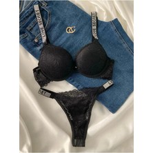 Gold Night Kadın Siyah Dantelli Taşlı Balenli Destekli Dolgulu Push Up Sütyen Takımı Iç Çamaşırı Takımı