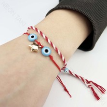 Ne10 Takı Marteniçka Bileklik, İp, İkili, Kararmayan Yıldız, Boncuklar Turkuaz Renk, Kırmızı Renk, Model8