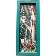 Turkuaz Ahşap Çerçeveli “kulağında Çiçekli Kadın” Baskı Küçük Tablo – 26×11 cm