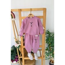 Miniğimin Cicileri Love Me Baskılı Kol Cep Detaylı Kız Çocuk 2 li takım - Mor