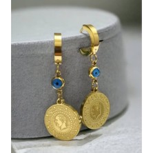 Altın Kaplama Nazar Boncuklu Çeyrek Altın Görünümlü Sallantılı Çelik Küpe