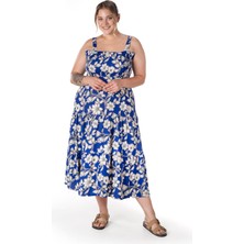 Büyük Beden Çiçek Desenli Kalın Askılı Beli Lastikli Elbise T-80