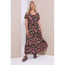 Büyük Beden Kısa Kollu Çiçek Desenli Yakası Büzgülü Maxi Elbise 270237
