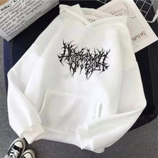 Caglisa Gotik Baskılı Unisex Oversize/rahat Kesim Basic Kalın/içi Polarlı Kapşonlu Sweatshirt
