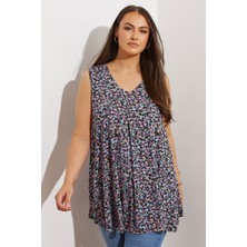 Büyük Beden Sıfır Kol V Yaka Çiçek Desenli Eteği Bollaşan Bluz 303420