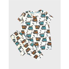 Erkek Çocuk %100 Pamuklu Beyaz Araba Desenli Kısa Kollu Altı Uzun Yazlık Pijama Takımı