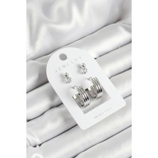 Pirinç Zirkon Taş ve Halka Figürlü Gümüş Renk 3'lü Çift Kadın Küpe Set