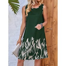 Arben Boutique Kadın Askılı Yuvarlak Yakalı Yaprak Desenli Dalgıç Elbise