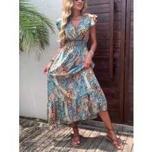 Ag Shoppings Kadın Kısa Kollu Kruvaze Yakalı Desenli Maxi Elbise