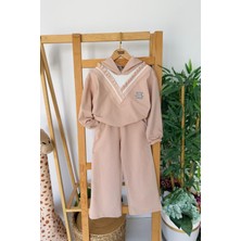 Miniğimin Cicileri Kapüşonlu Triko Yaka Detaylı A Taş Işleme Kız çocuk takım - Bej