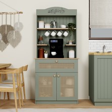 Midoser Lucas 2 Kapaklı Çekmeceli Pvc Hasır Desen Kahve Köşesi & Çok Amaçlı Mutfak Dolabı-Açık Ceviz & Kül Yeşil