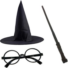 Harry Potter Siyah Şapkası Harry Potter Gözlüğü Harry Potter Asası 3 Lü Set