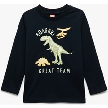 Dinozor Baskılı Uzun Kollu Bisiklet Yaka Pamuklu Tişört