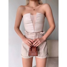 Tüllü Deri Crop Bej W24615