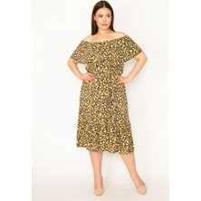 Kadın Kemik Puan Desen Yakası Lastik ve Volan Detaylı Eteği Katlı Dokuma Viskon Kumaş Elbise