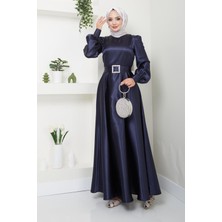 Kadın Giyim Abiye Moda Kemeri Taşlı Uzun Tesettür Saten Abiye Elbise 2753
