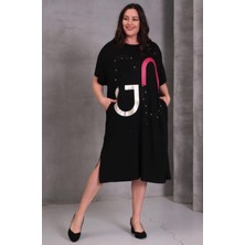 Kadın Büyük Beden Siyah, Düşük Kol , Boncuk Işli Rahat Kesim Cepli Elbise 65N39092
