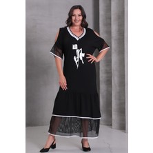 Kadın Büyük Beden Siyah, Kol ve Etek Ucu File ve Biye Detaylı, V Yaka Elbise 65N39086