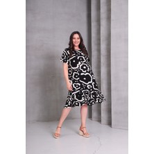 Kadın Büyük Beden Siyah, Bisiklet Yaka, Kısa Kol Desenli Cepli Elbise 65N38975