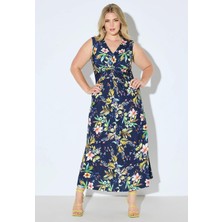 Kadın Büyük Beden Lacivert, Drapeli V Yaka, Çiçek Desenli Elbise 65N38982
