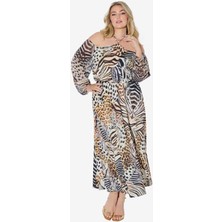 Kadın Büyük Beden Koyu Bej-Siyah, Leopar Desenli, Kollar Şifon Detaylı Boyun Bağlı Elbise 65N39024