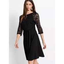 Kadın Büyük Beden Siyah, Dantel Kollu Elbise 65N39031