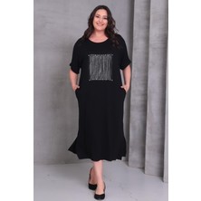 Kadın Büyük Beden Siyah, Inci ve Taş Işli, Bisiklet Yaka, Cepli Viskon Elbise 65N39076