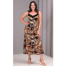 Kadın Büyük Beden Renkli, Roba Garni Detaylı, Desenli, Ip Askılı Uzun Elbise 65N39080