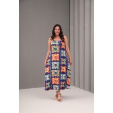 Kadın Büyük Beden Renkli, Çiçek Desenli Ip Askılı Viskon Elbise 65N39081