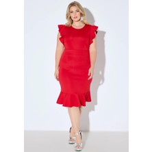 Kadın Büyük Beden Kırmızı, Scuba Kumaş, Volanlı Kısa Kollu Elbise 65N39047