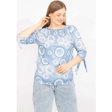 Kadın Mavi Büyük Beden Yaka Lastikli Kol Bağcıklı Bluz 65N35665