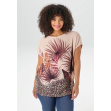 Kadın Büyük Beden Vizon, Ön Desenli Krep Kumaş, Arka Viskon Kumaş Düşük Kol Bluz 65N39044