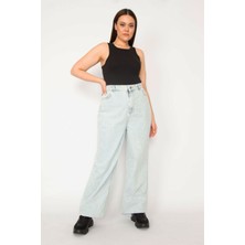 Şans KADIN MAVİ SİLİK BASKILI MOM JEAN PANTOLON