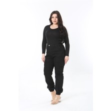 Kadın Büyük Beden Siyah Yüksek Bel Paçası Lastikli Çima Dikişli Kargo Cepli Kot Pantolon 65N38898