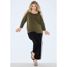 Kadın Büyük Beden Haki, Omuz Açık, Pul ve Boncuk Işli Jarse Bluz 65N38966