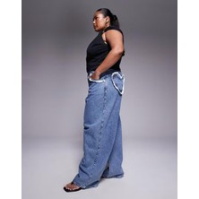 Kadın Büyük Beden Mavi, Varil Paça, Kalp Cepli Yıkamalı Kot Pantolon 65N39009