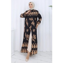 Sefa Merve Desenli Düğmeli Elbise 2125-01 Siyah Bej