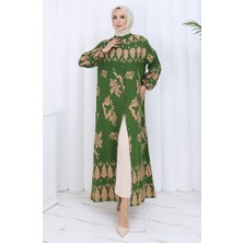 Desenli Düğmeli Elbise 2125-02 Haki Bej